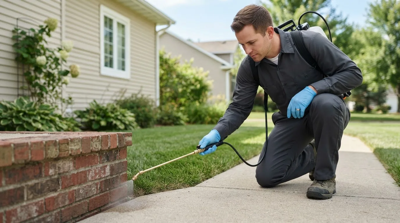 Pest control technician treating a home near Reydell, AR