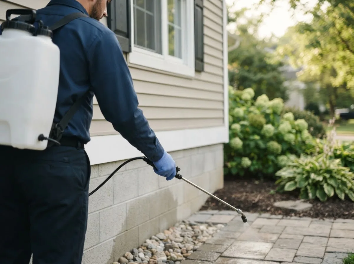 Pest control technician inspecting a home in Reydell, AR